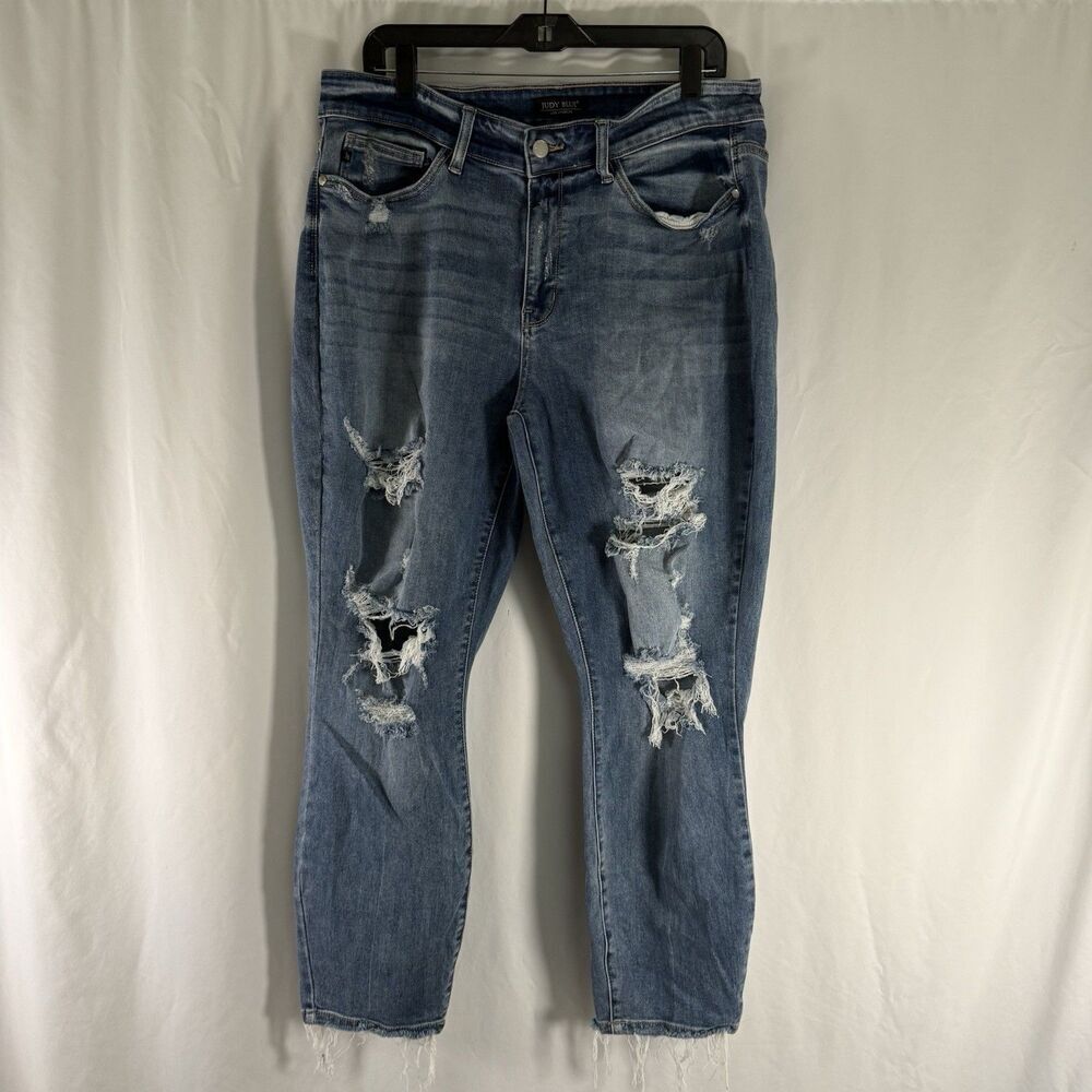 Judy Blue Boyfriend Jeans Women's 16W Medium Wash Blue Whiskered Distressed